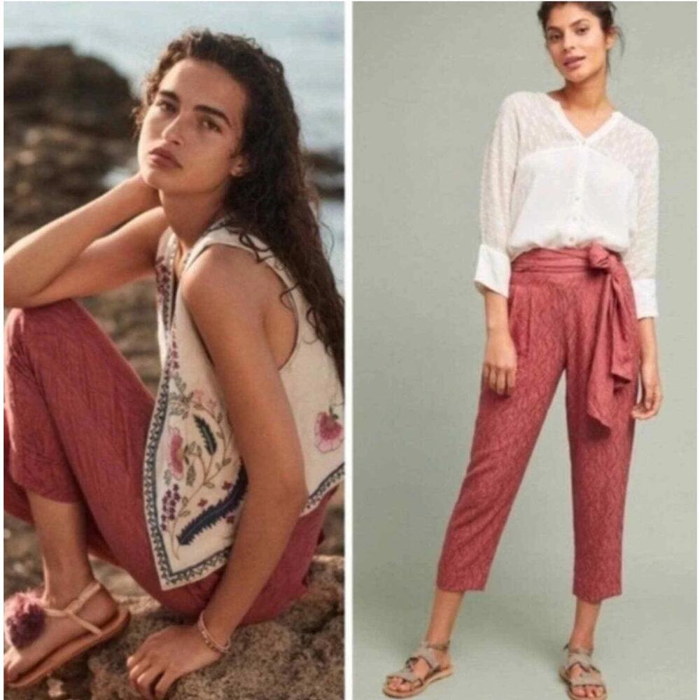 Anthropologie ETT:TWA Rose Jacquard Aubade Tie Waist Pants Tapered Cropped 8 - Picture 2 of 14